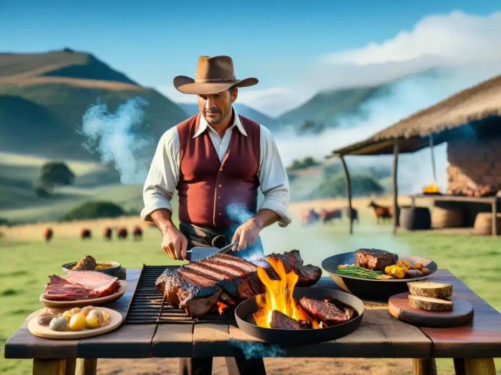 Escena del asado uruguayo con un gaucho experto asando carne sobre fuego