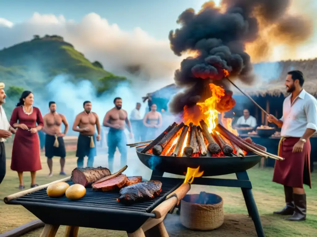 Escena evolución tradición asado uruguayo desde gauchos hasta moderno festín comunitario