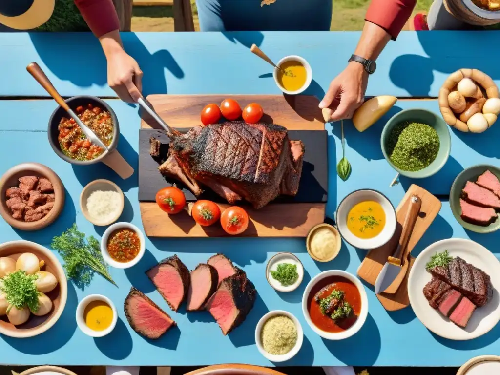 Escena de tradición asado uruguayo generaciones: familia compartiendo asado al aire libre bajo el sol