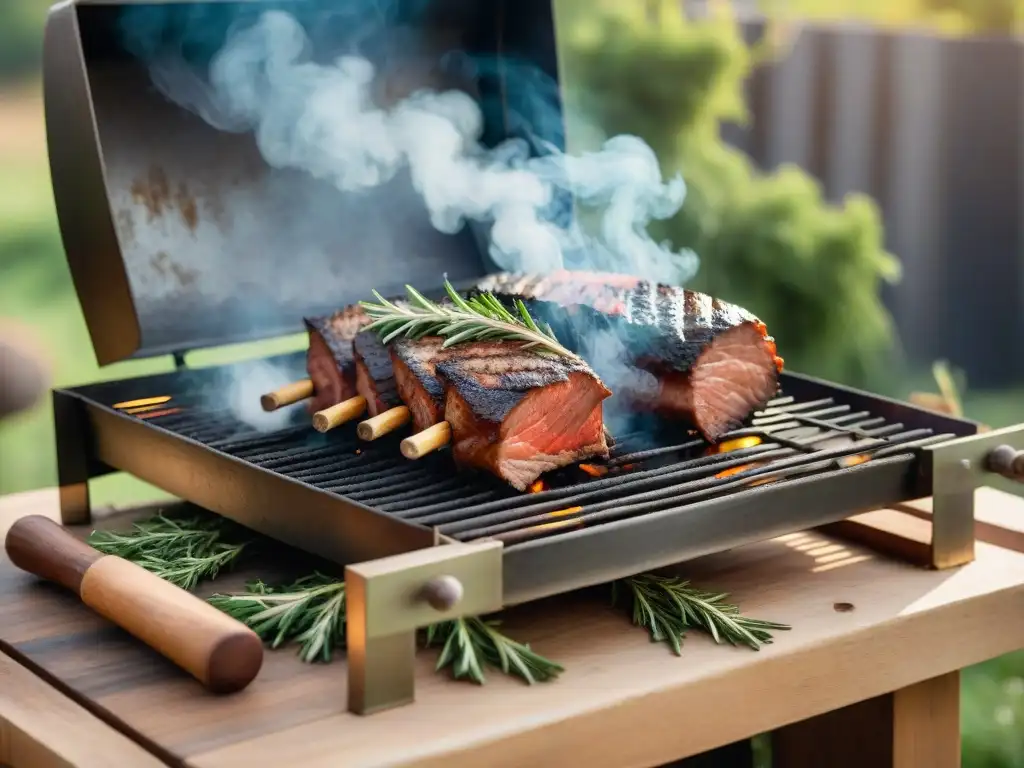 Escena de asado uruguayo con hierbas naturales, aromatizando la parrilla con humo fragante