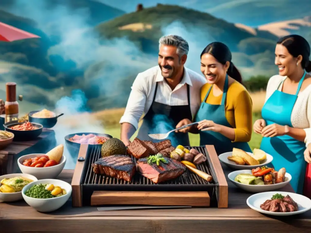 Una escena de asado uruguayo con historia de migración, gente diversa riendo alrededor de la parrilla