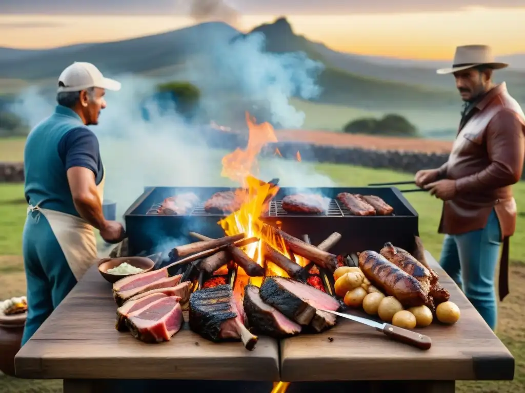 Una escena de asado uruguayo con historia, tradición y técnicas culinarias en un entorno campestre al atardecer