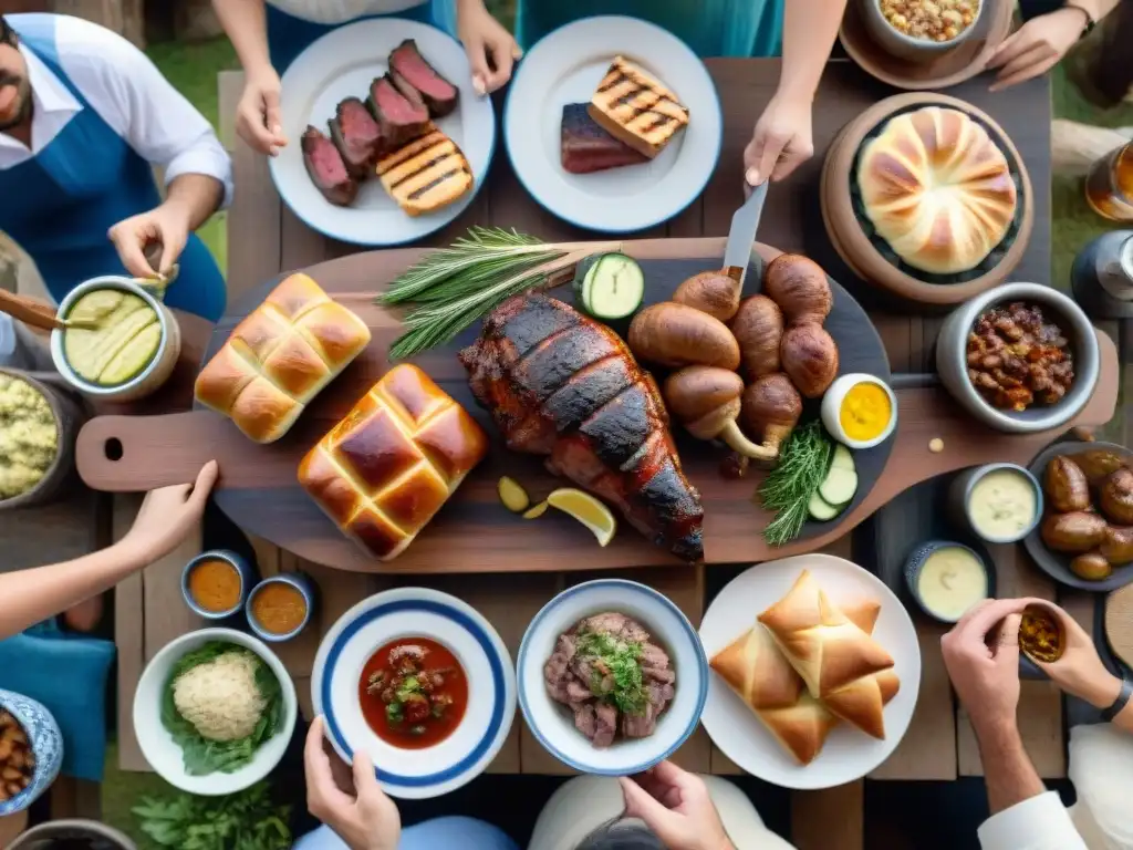 Una escena de asado uruguayo con influencia judía: mesa llena de carne asada, amigos y familia disfrutando juntos al aire libre