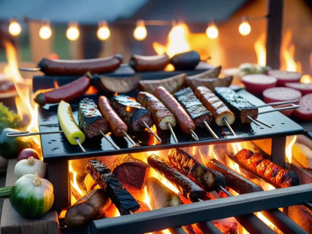 Una escena de asado uruguayo con influencia en la cocina global: amigos y familia disfrutan de una parrilla llena de carne y chorizos sobre brasas