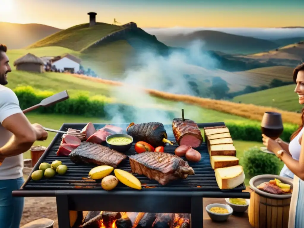 Una escena de asado uruguayo con influencia cultural, gente diversa disfrutando al aire libre