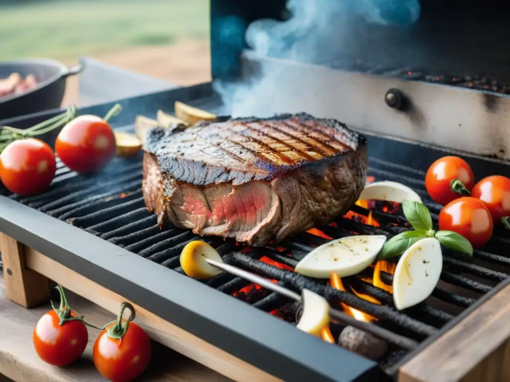 Escena de asado uruguayo con influencia de raíces italianas: ribeye, tomates, albahaca, queso parmesano y familia en el campo