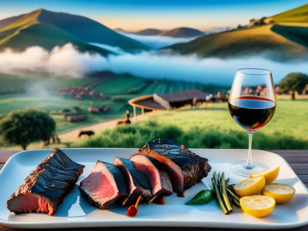 Una escena de asado uruguayo con influencia británica: parrilla llena de carne, paisaje campestre y familia disfrutando