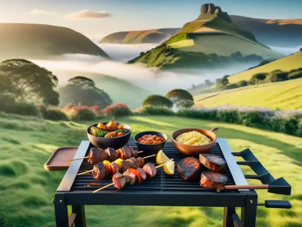 Una escena de asado uruguayo con influencia británica, personas disfrutando de una comida alrededor de la parrilla en un paisaje verde y soleado