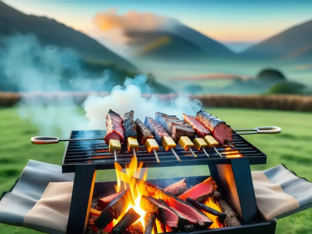 Una escena de asado uruguayo con influencia británica: carne en la parrilla, amigos charlando y un paisaje campestre exuberante al atardecer