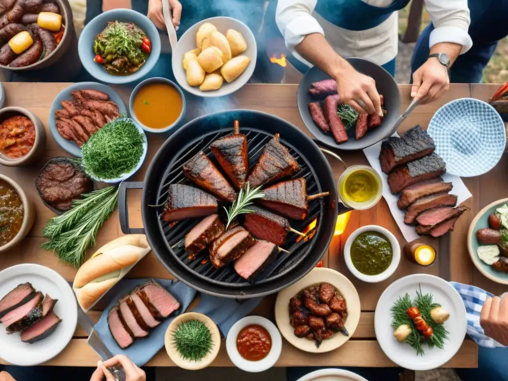 Una escena de asado uruguayo con influencia italiana: un festín fusionado, gente diversa compartiendo risas y sabores