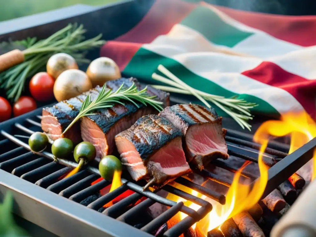 Una escena de asado uruguayo con influencia italiana: carnes, vegetales y banderas de Italia y Uruguay fusionadas