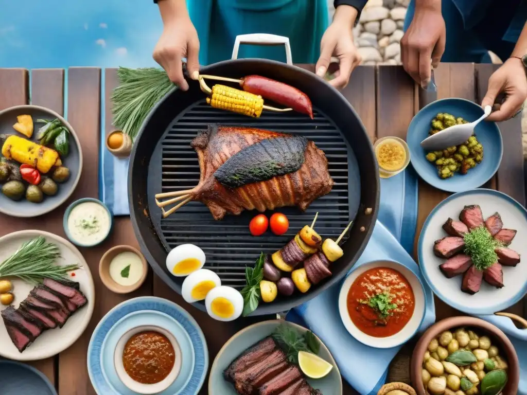 Una escena de asado uruguayo con influencia árabe: ambiente cálido y comunitario alrededor de la parrilla, bajo un cielo azul