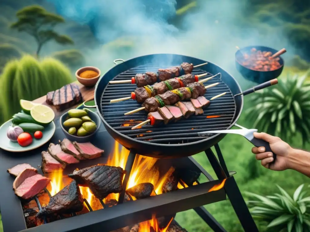 Una escena de asado uruguayo con influencias brasileñas, fusionando sabores y tradiciones culinarias