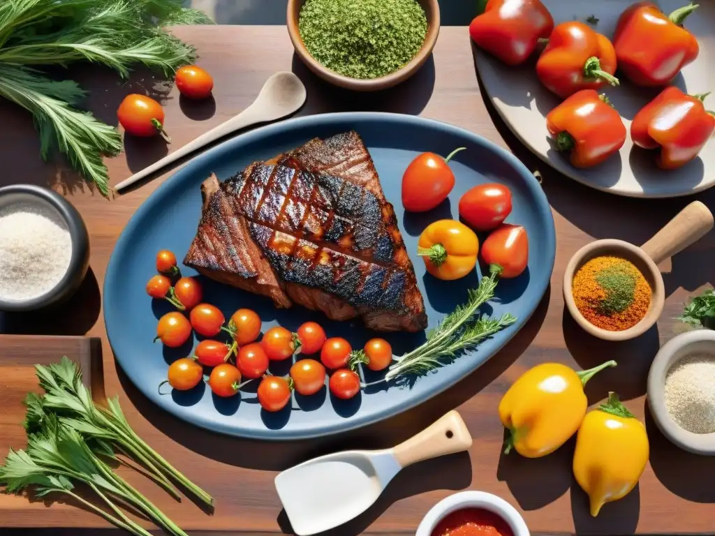 Una escena de asado uruguayo con ingredientes para salsas tradicionales