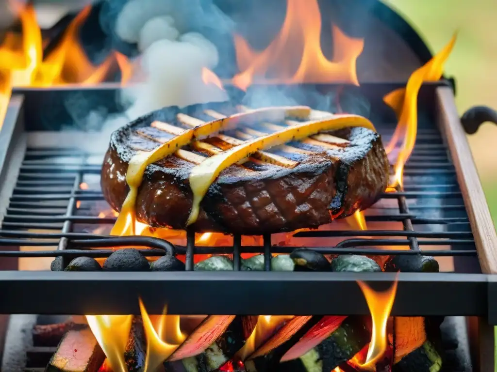 Escena de asado uruguayo con ingredientes exóticos como morcilla dulce, chivito y provoleta, rodeados de accesorios gauchos