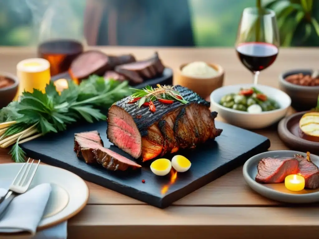 Escena de asado uruguayo con maridaje de vinos, mesa rústica, carnes a la parrilla y copas de vino, rodeada de vegetación al atardecer