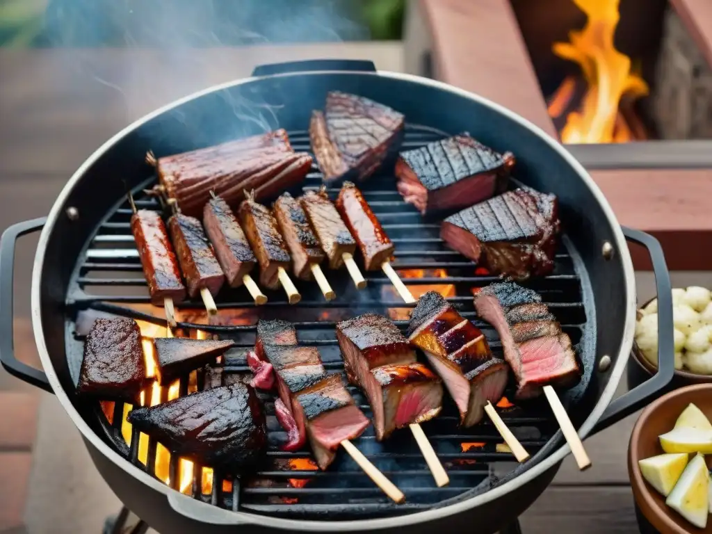 Escena de asado uruguayo con maridaje de vinos, carnes en la parrilla y copas de vino tinto en un patio rústico iluminado