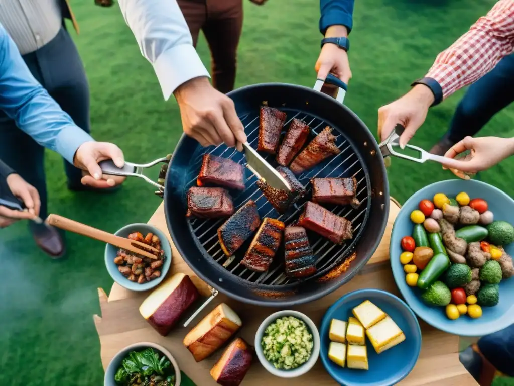 Una escena de asado uruguayo con la mejor parrilla, carnes y verduras sizzling, amigos y familia disfrutando al aire libre