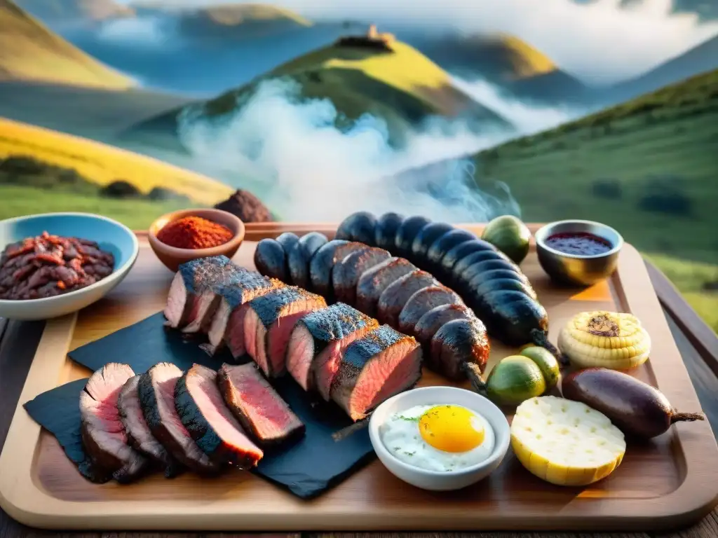 Escena de asado uruguayo con los mejores cortes de carne asado en el campo, amigos y familia disfrutando juntos