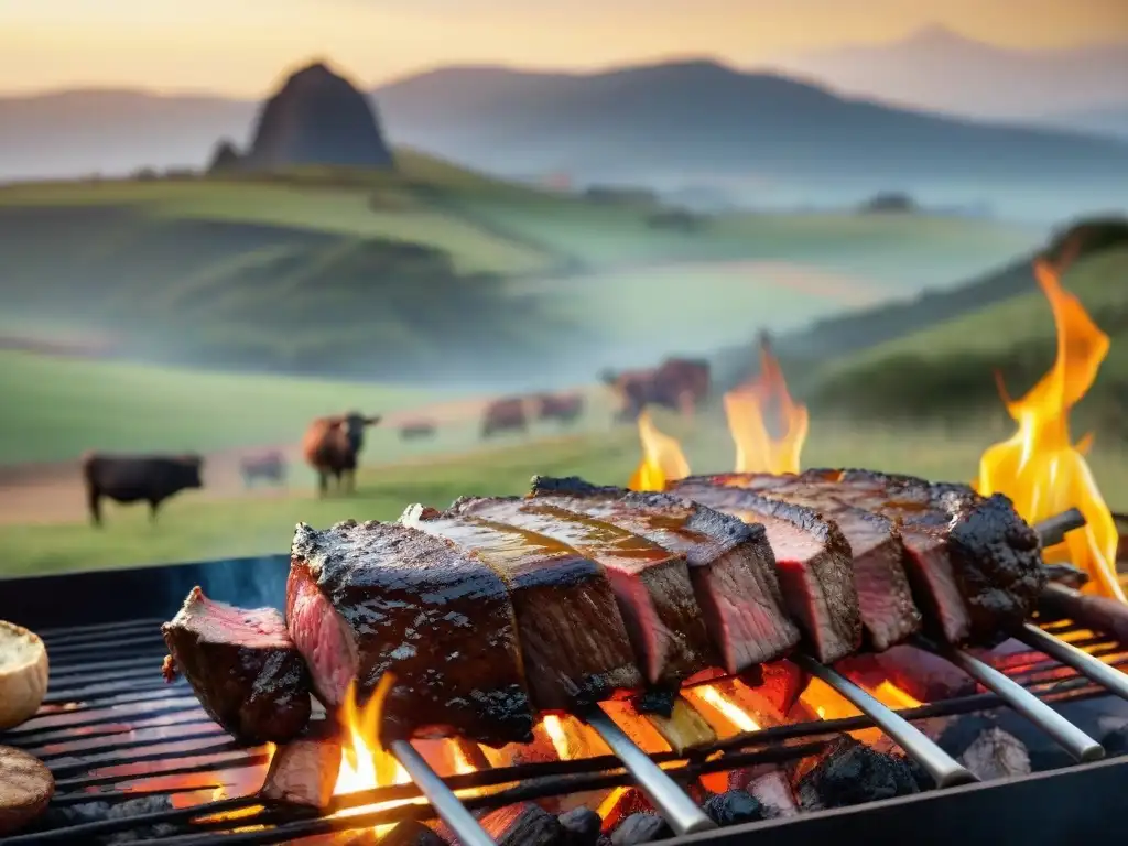 Escena de asado uruguayo con los mejores libros asado uruguayo, suculentas carnes a la parrilla y gauchos en paisaje campestre al atardecer