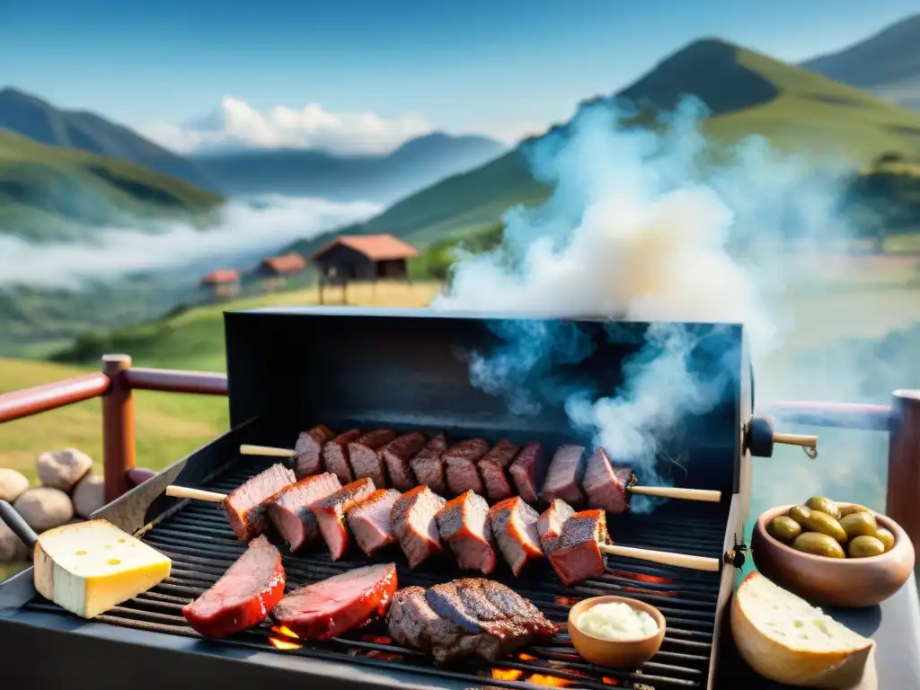 Escena de asado uruguayo con las mejores técnicas, gaucho experto en la parrilla bajo cielo azul