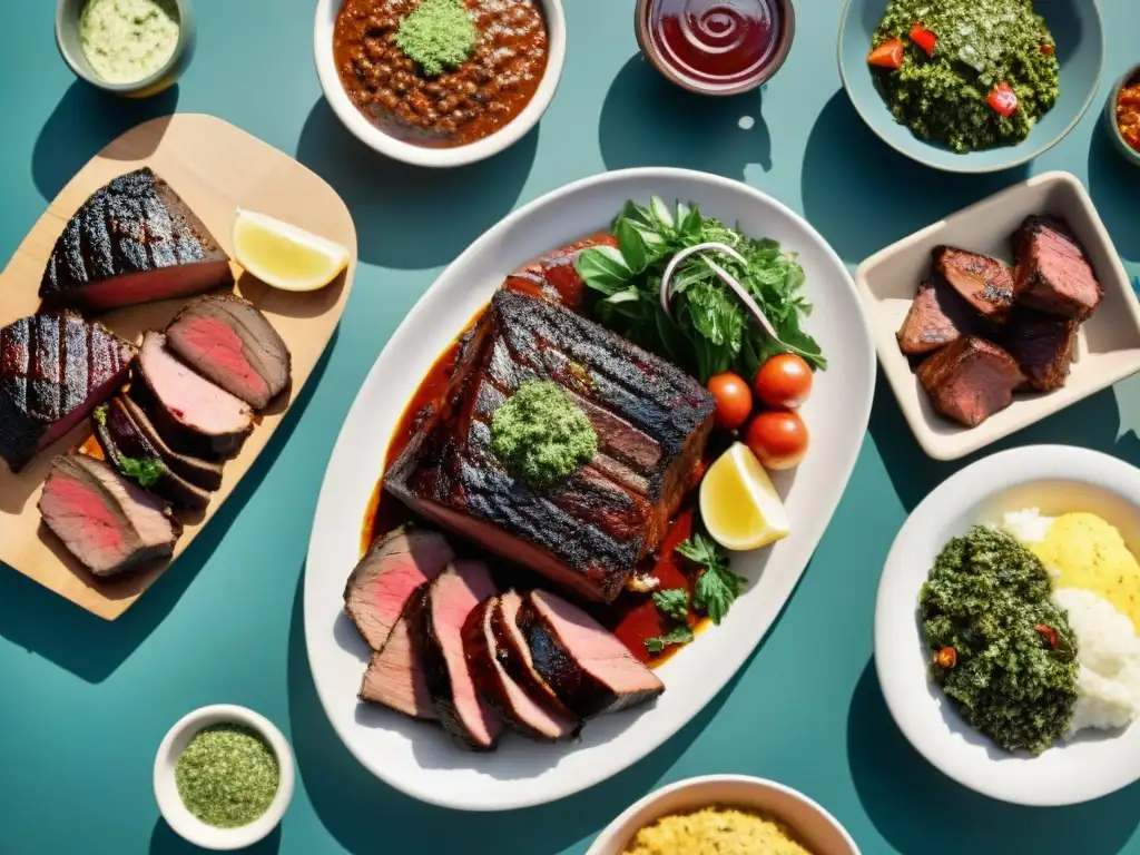 Escena de asado uruguayo con los mejores cortes para asado, carnes suculentas a la parrilla, chimichurri y vino Tannat