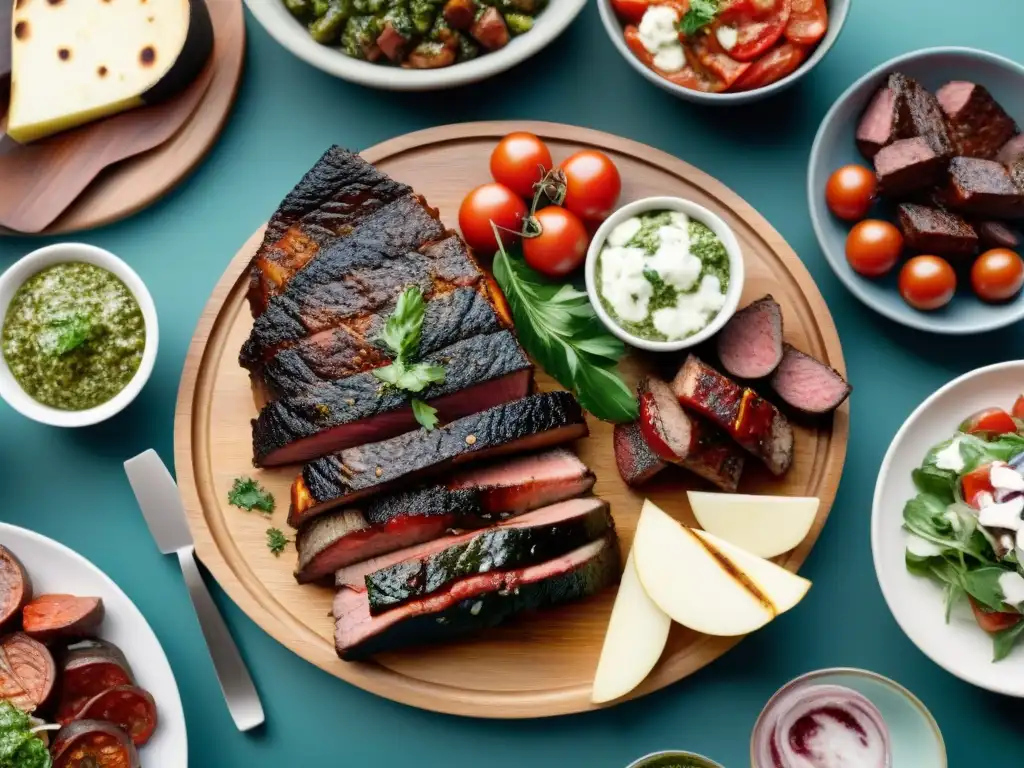 Una escena de asado uruguayo con las mejores guarniciones, rodeada de amigos y familiares en un día soleado