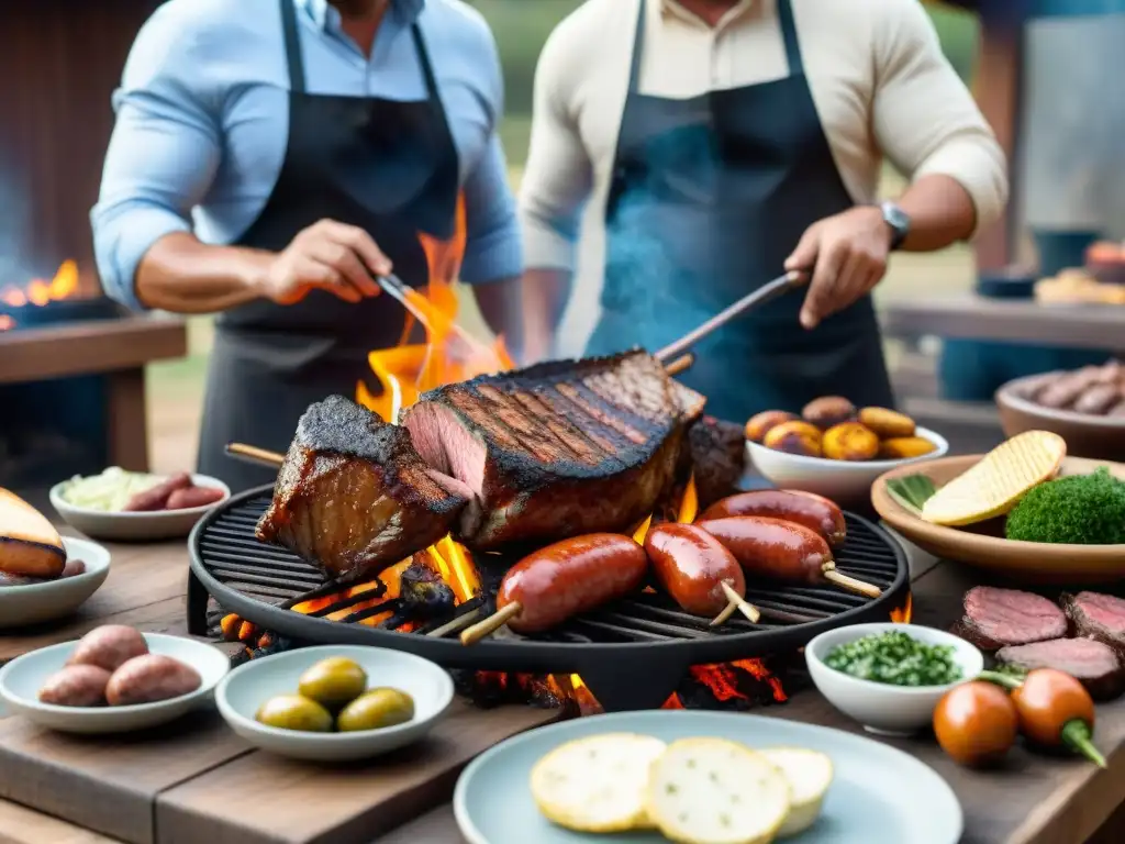 Una escena de asado uruguayo con las mejores técnicas de asado uruguayo, amigos y familia disfrutando de una deliciosa comida al aire libre