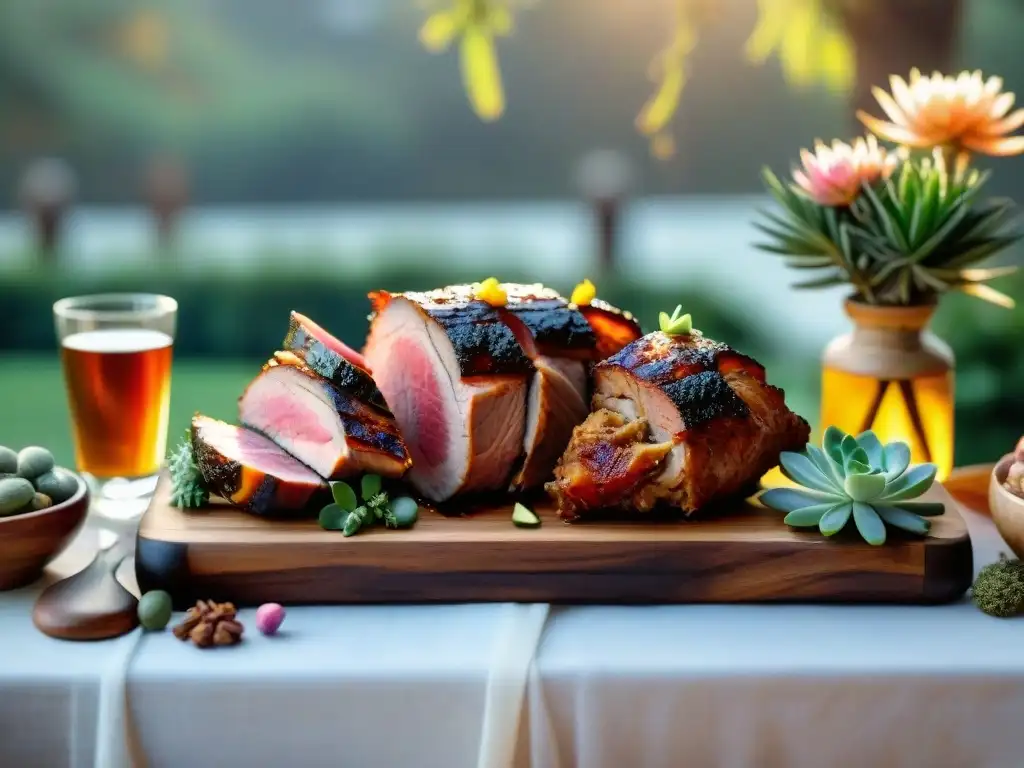 Escena de asado uruguayo: mesa rústica con sidras uruguayas para asado de cerdo en un día soleado entre vegetación y flores