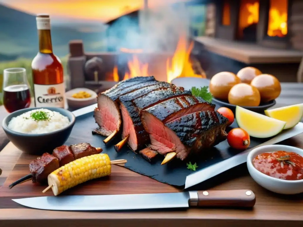 Escena de asado uruguayo: mesa rústica con bebidas tradicionales uruguayas para asado al atardecer