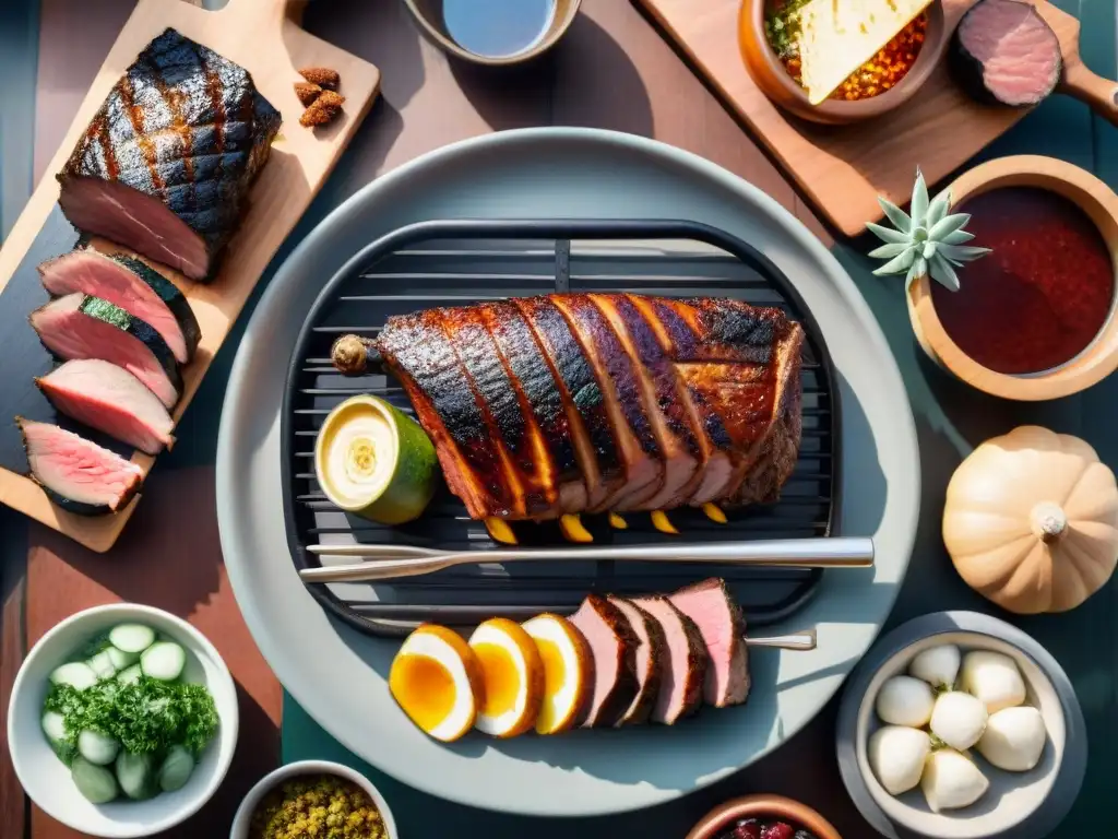 Una escena de asado uruguayo: mesa rústica con carnes y vinos, bañada en cálida luz dorada