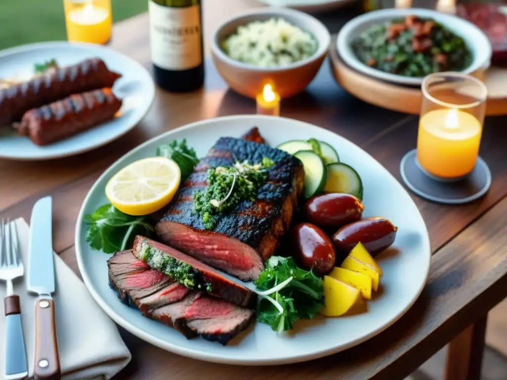 Escena de asado uruguayo con mesa rústica y variedad de carnes a la parrilla, acompañadas de chimichurri, vino y ensaladas al atardecer