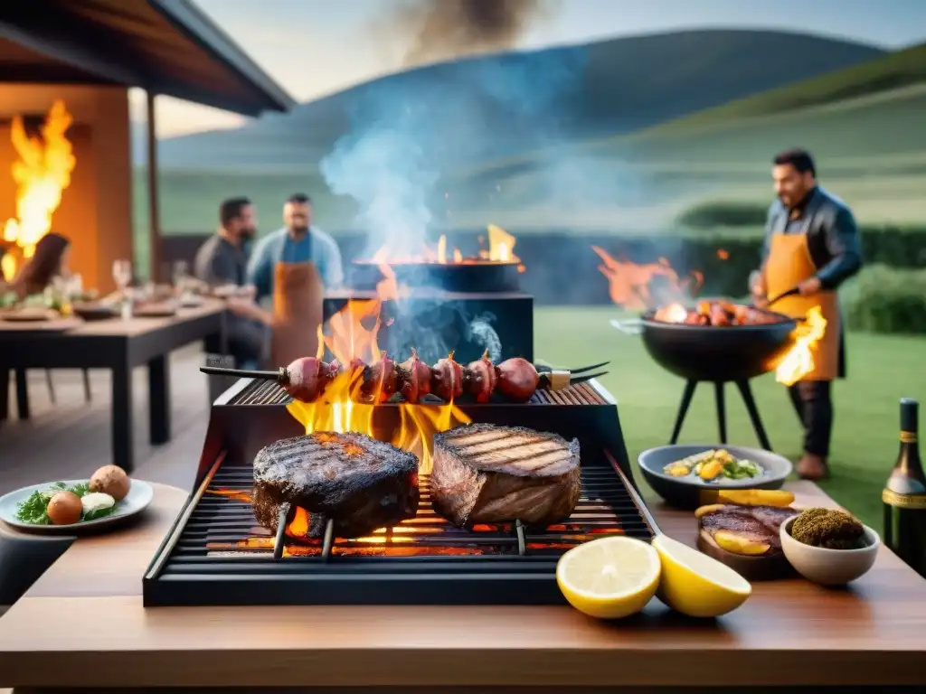 Una escena de asado uruguayo que fusiona tradición y modernidad con amigos y familia disfrutando