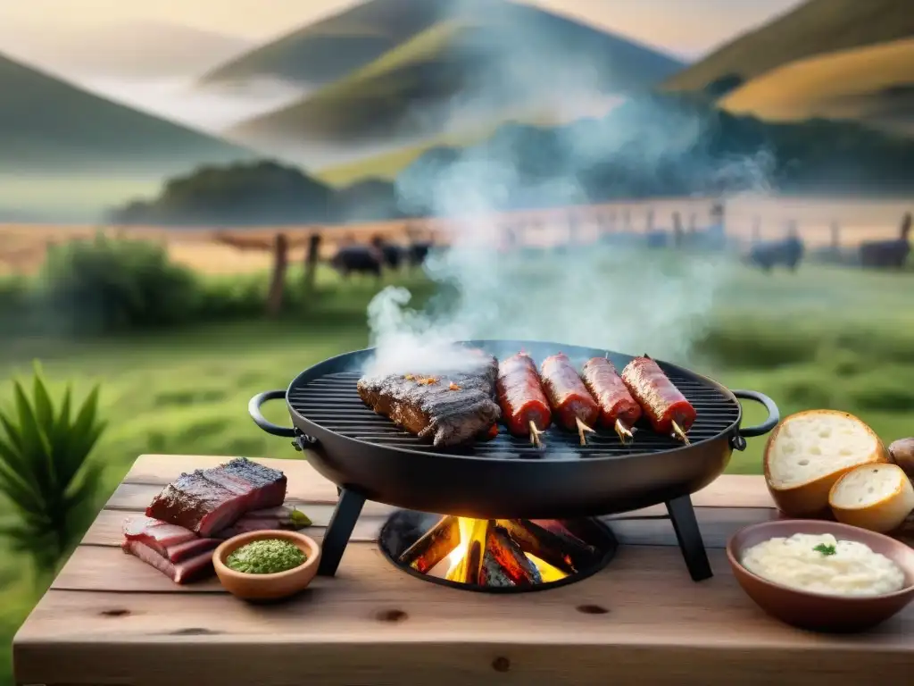 Escena de asado uruguayo: parrilla llena de carnes, amigos y familia alrededor de mesa rústica