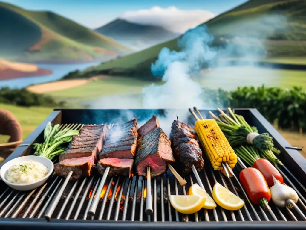 Una escena de asado uruguayo tradición e innovación: parrilla llena de carne y vegetales, amigos reunidos bajo el cielo azul