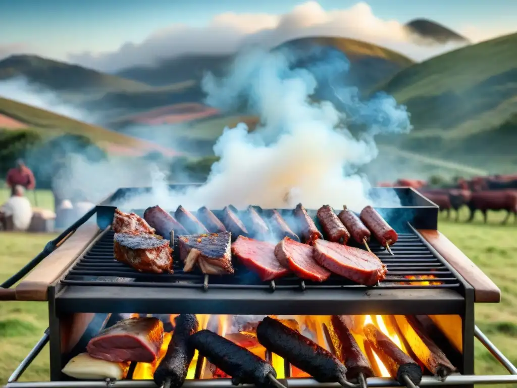 Escena de asado uruguayo con parrilla cargada de carnes y lugareños en el campo