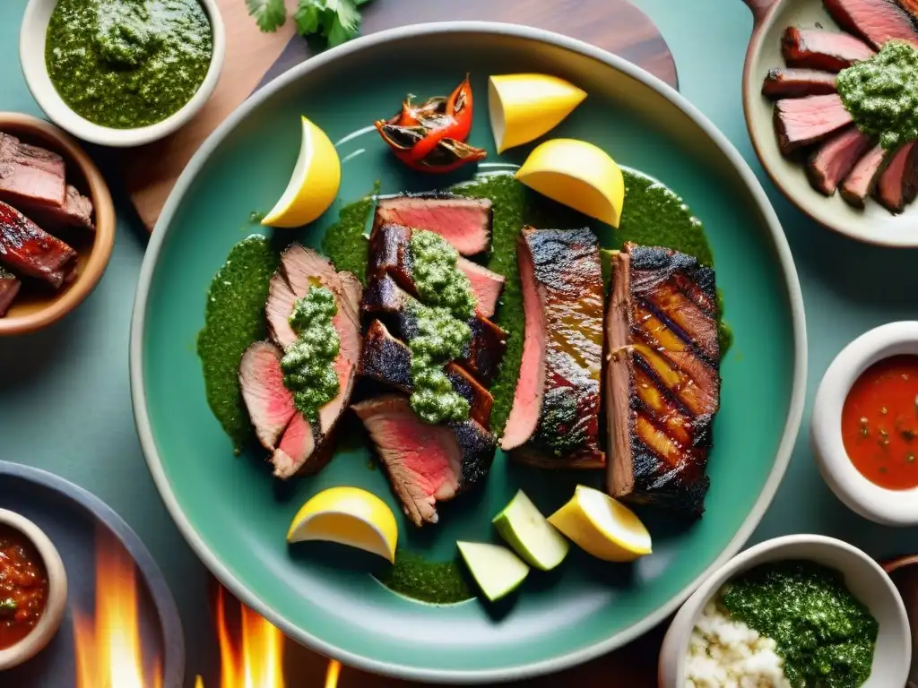 Escena de asado uruguayo: parrilla con carnes marinadas y chimichurri en cuencos rústicos, iluminada por llamas