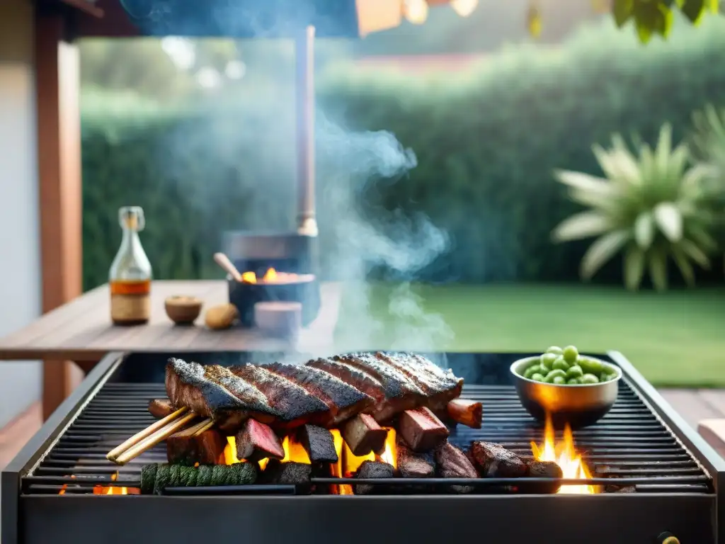 Escena de asado uruguayo con parrilla, herramientas y ambiente acogedor