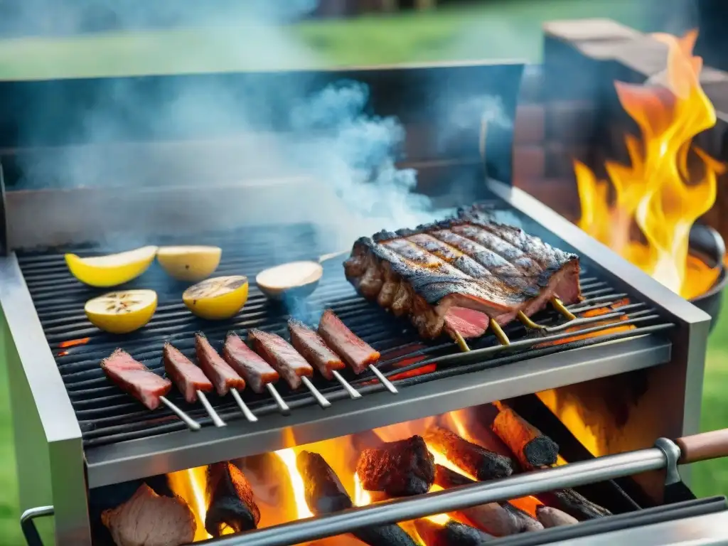 Escena de asado uruguayo con parrilla, carne y herramientas de asador