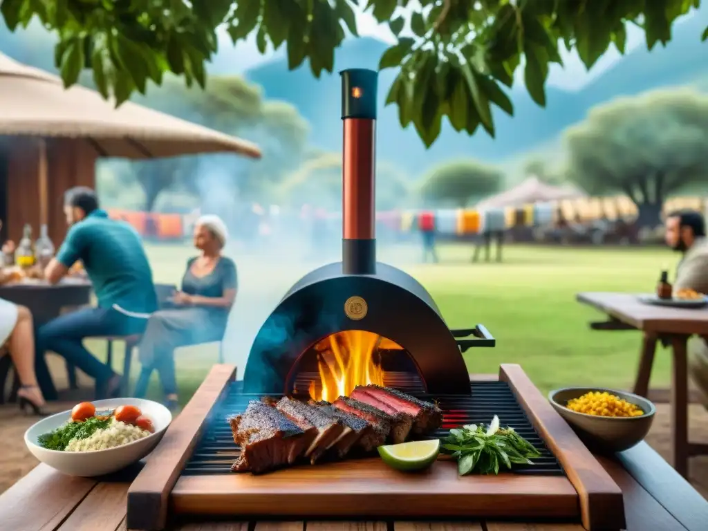 Una escena de asado uruguayo: parrilla con carne, amigos y familia bajo un árbol con hamacas, chimichurri y vino tannat