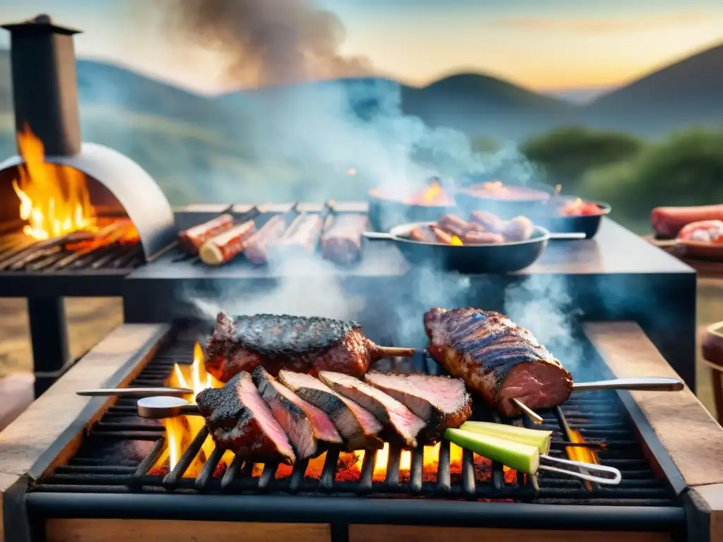 Escena de asado uruguayo: parrilla humeante con amigos y familia, significado cultural del asado uruguayo