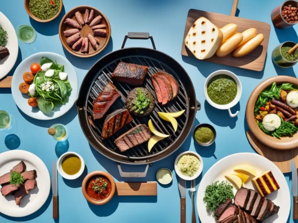 Una escena de asado uruguayo, con una parrilla llena de carnes sizzling, rodeada de amigos y familia bajo el cielo azul