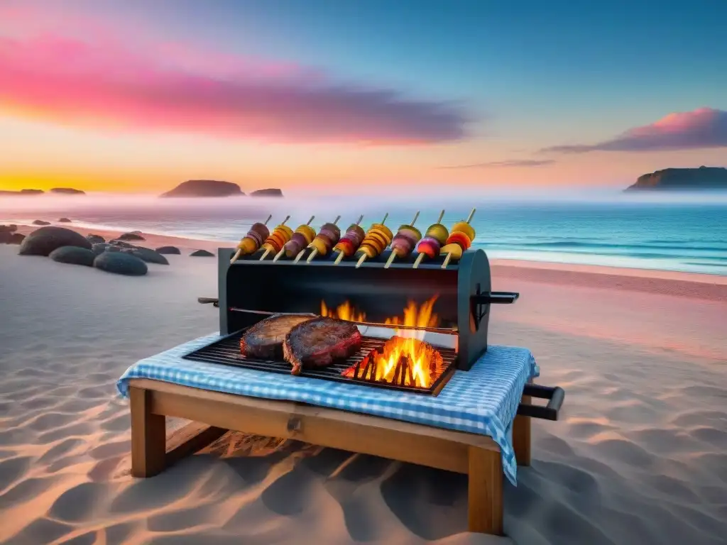 Una escena de asado uruguayo en la playa al atardecer con amigos y familia