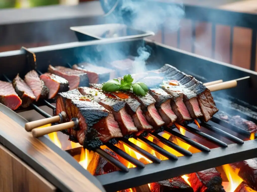 Una escena de asado uruguayo premiada: parrilla humeante con cortes perfectamente cocidos, chimichurri y vino Tannat