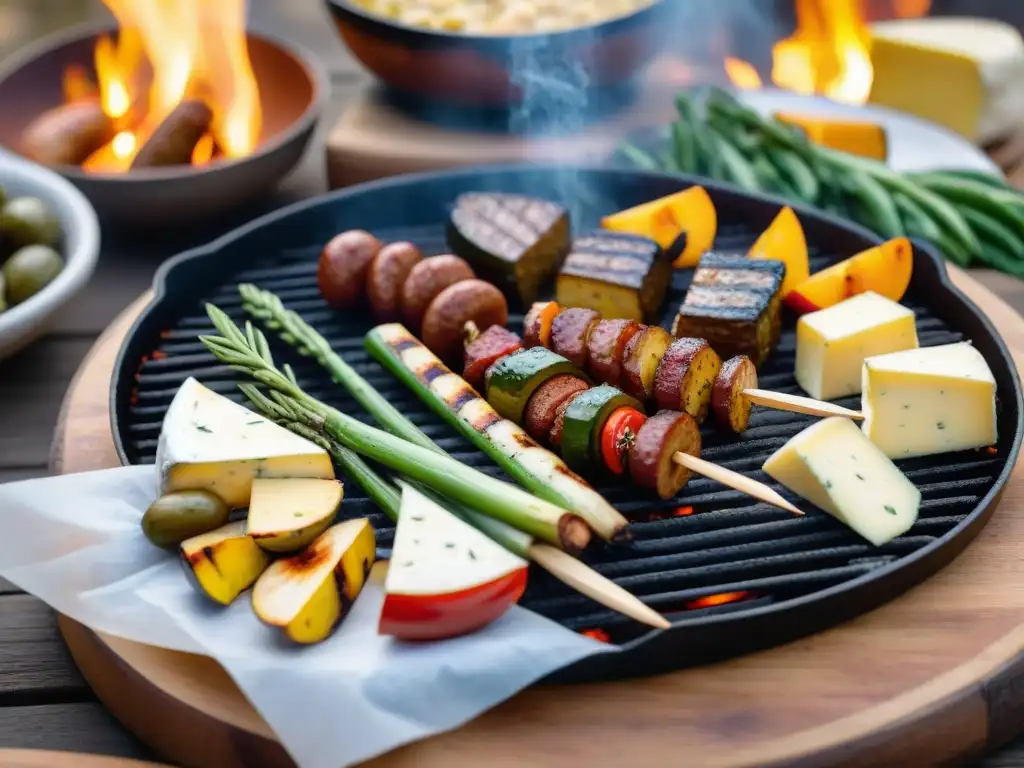 Escena de asado uruguayo con queso vegetal, amigos reunidos al atardecer