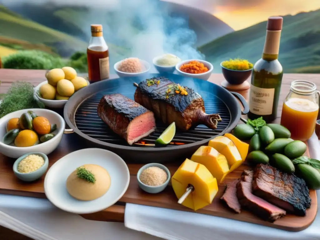 Una escena de asado uruguayo con recetas de bebidas fermentadas, amigos y familia disfrutando juntos