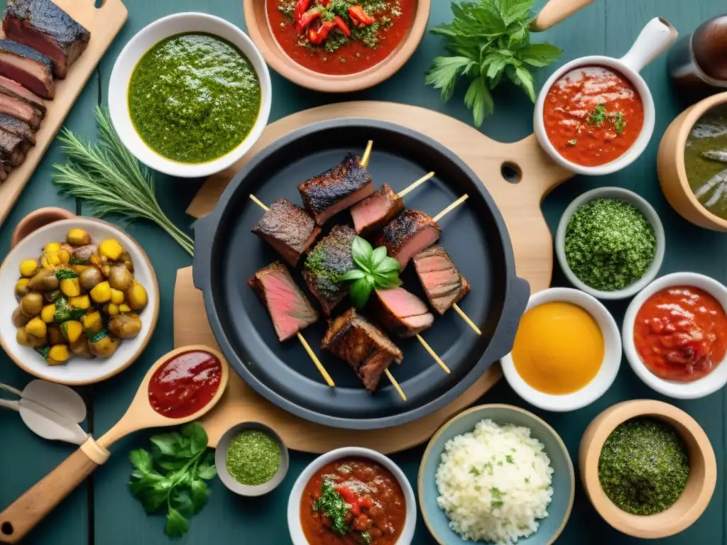 Una escena de asado uruguayo con salsas auténticas en vibrantes colores y texturas