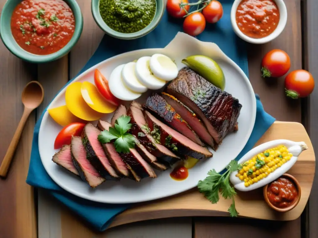 Una escena de asado uruguayo con salsas tradicionales y variadas, en una mesa de madera rústica al atardecer