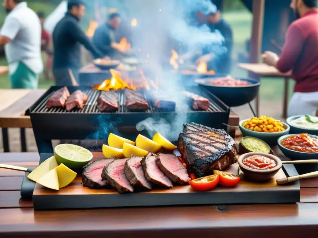 Escena de asado uruguayo con salsas variadas y carnes en la parrilla