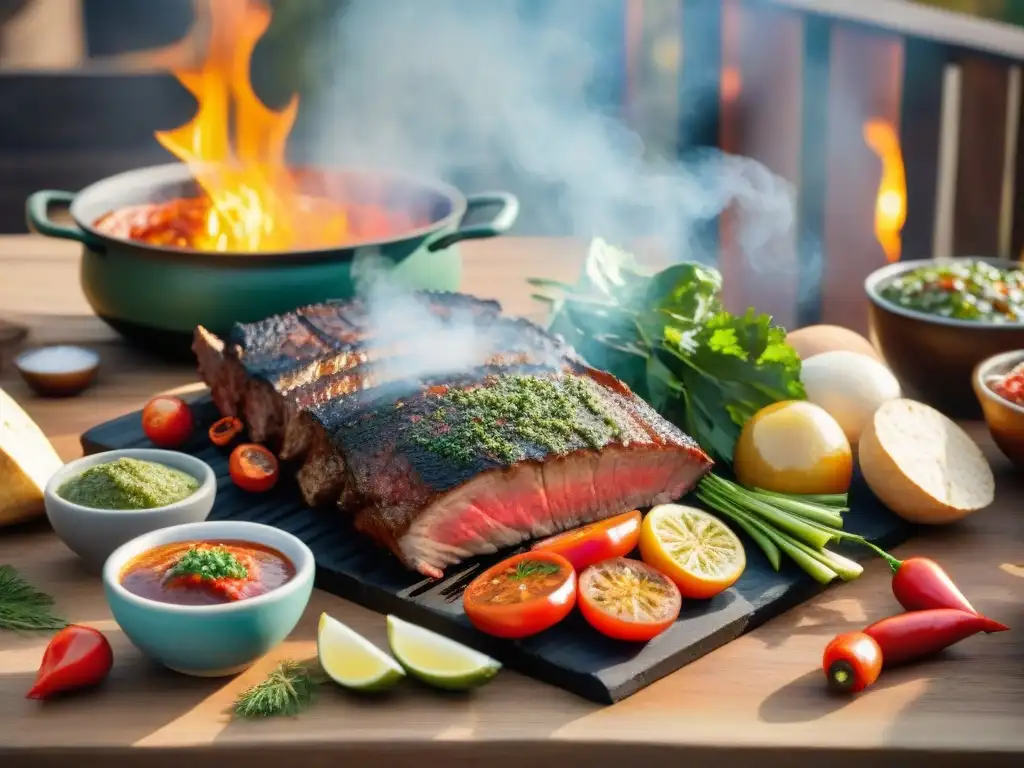 Una escena de asado uruguayo con salsas regionales, carnes a la parrilla y verduras frescas al atardecer